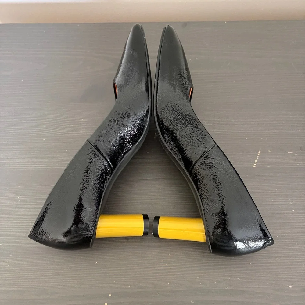 Ethem Pumps Block Heel 38 Black Patent Leather Made in Spain Mod Square Toe